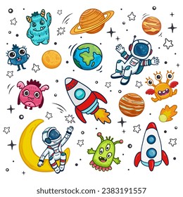 set of cosmos in doodle style: astronaut, planets, stars, rocket and alien, monster for design. Science space exploration. Vector