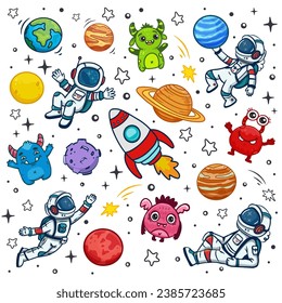 conjunto de cosmos en forma de doodle: astronauta, planetas, estrellas, cohete y alienígena, monstruo para el diseño. Exploración espacial científica. Ilustración del vector