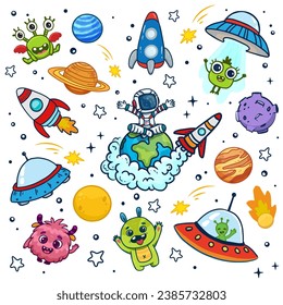 set of cosmos in doodle style: astronaut, planets, stars, rocket and alien, monster for design. Science space exploration. Vector illustration 