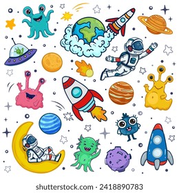 set of cosmos in doodle style: astronaut, planets, stars, rocket and alien, monster for design. Science space exploration. Vector