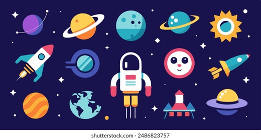 set of cosmos in doodle style: astronaut, planets, stars, rocket and alient,monster for design. Science space exploration.Vector