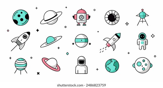 set of cosmos in doodle style: astronaut, planets, stars, rocket and alient,monster for design. Science space exploration.Vector