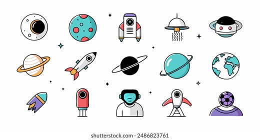 set of cosmos in doodle style: astronaut, planets, stars, rocket and alient,monster for design. Science space exploration.Vector
