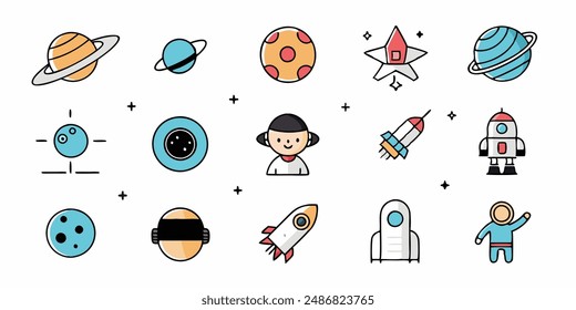 set of cosmos in doodle style: astronaut, planets, stars, rocket and alient,monster for design. Science space exploration.Vector