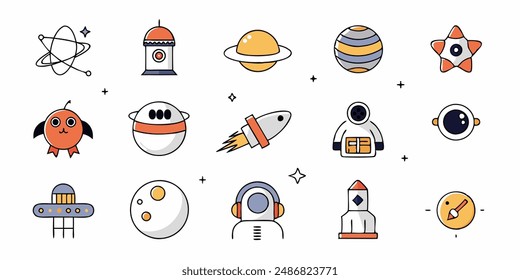 set of cosmos in doodle style: astronaut, planets, stars, rocket and alient,monster for design. Science space exploration.Vector