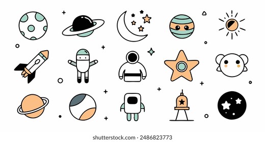 set of cosmos in doodle style: astronaut, planets, stars, rocket and alient,monster for design. Science space exploration.Vector