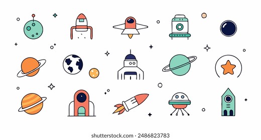 set of cosmos in doodle style: astronaut, planets, stars, rocket and alient,monster for design. Science space exploration.Vector