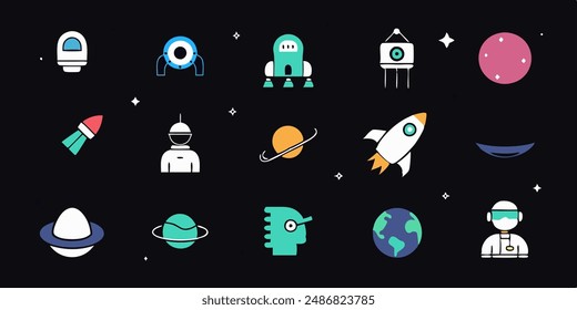 set of cosmos in doodle style: astronaut, planets, stars, rocket and alient,monster for design. Science space exploration.Vector