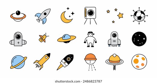 set of cosmos in doodle style: astronaut, planets, stars, rocket and alient,monster for design. Science space exploration.Vector