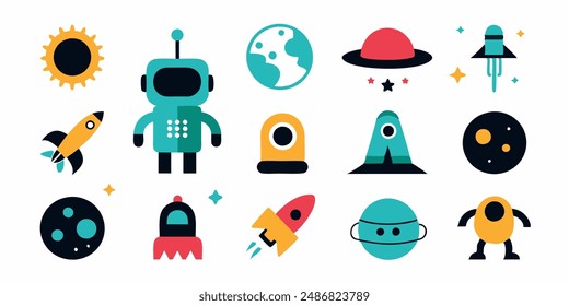 set of cosmos in doodle style: astronaut, planets, stars, rocket and alient,monster for design. Science space exploration.Vector