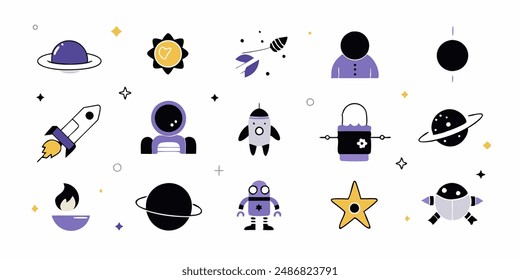 set of cosmos in doodle style: astronaut, planets, stars, rocket and alient,monster for design. Science space exploration.Vector