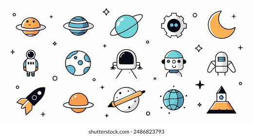 conjunto de cosmos en estilo doodle: astronauta, planetas, estrellas, cohete y aliente, monstruo para el diseño. Ciencia de exploración espacial.Vector