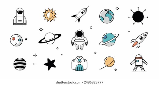 set of cosmos in doodle style: astronaut, planets, stars, rocket and alient,monster for design. Science space exploration.Vector