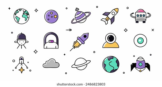 set of cosmos in doodle style: astronaut, planets, stars, rocket and alient,monster for design. Science space exploration.Vector