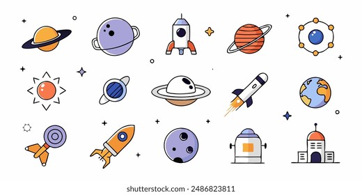 set of cosmos in doodle style: astronaut, planets, stars, rocket and alient,monster for design. Science space exploration.Vector