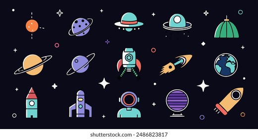 set of cosmos in doodle style: astronaut, planets, stars, rocket and alient,monster for design. Science space exploration.Vector