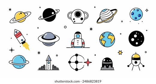 set of cosmos in doodle style: astronaut, planets, stars, rocket and alient,monster for design. Science space exploration.Vector