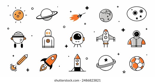 set of cosmos in doodle style: astronaut, planets, stars, rocket and alient,monster for design. Science space exploration.Vector