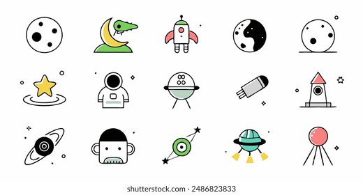 set of cosmos in doodle style: astronaut, planets, stars, rocket and alient,monster for design. Science space exploration.Vector