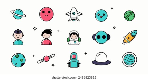 set of cosmos in doodle style: astronaut, planets, stars, rocket and alient,monster for design. Science space exploration.Vector