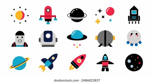 set of cosmos in doodle style: astronaut, planets, stars, rocket and alient,monster for design. Science space exploration.Vector