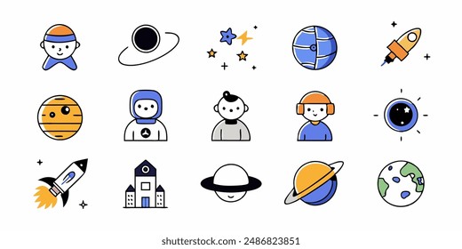 set of cosmos in doodle style: astronaut, planets, stars, rocket and alient,monster for design. Science space exploration.Vector