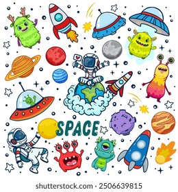 set of cosmos in doodle style: astronaut, planets, stars, rocket and alien, monster for design. Science space exploration. Vector
illustration