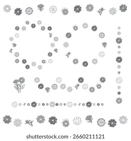 Conjunto de quadros de cosmos, coroas de flores e decorações de linha. Estilo desenhado à mão, ilustração vetorial.