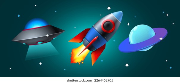 Set of cosmos icons, space rocket, ufo ship, planet, and stars. Vector illustration