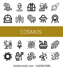 Set of cosmos icons such as Spaceship, Space suit, Rocket, Observatory, Astronomy, Astronomer, Ufo, Astronaut, Stargazing, Black hole, Space, Planets, Moon rover, Universe , cosmos