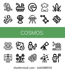 Set of cosmos icons. Such as Spaceship, Planets, Moon rover, Space capsule, Pluto, Ufo, Venus, Constellation, Rocket, Armillary sphere, Alien, Astronomy, Booster , cosmos icons