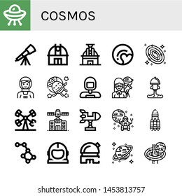 Set of cosmos icons such as Ufo, Telescope, Observatory, Pluto, Galaxy, Astronaut, Astronomer, Rocket, Booster, Planetarium, Rover, Constellation, Space suit, Uranus , cosmos
