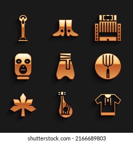 Set Cossack pants, Bandura, Embroidered shirt, Garden pitchfork, Chestnut leaf, Thief mask, Hotel Ukraina building and Monument of Independence icon. Vector