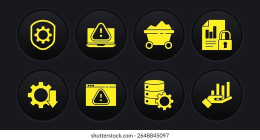Set Cost reduction, Document and lock, Browser with exclamation mark, Server gear, Coal mine trolley, Laptop, Pie chart infographic and Shield settings icon. Vector