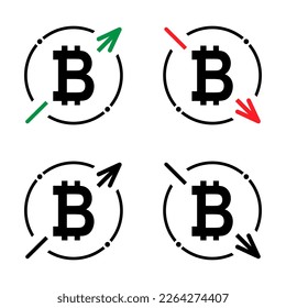 Set of cost symbol bitcoin increase and decrease icon. Money vector symbol isolated on background .