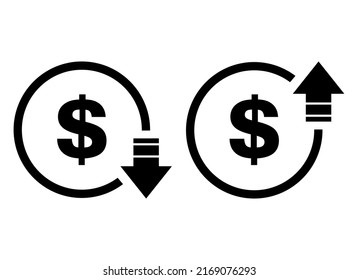 Set of cost symbol dollar increase and decrease icon. Money vector symbol isolated on background .