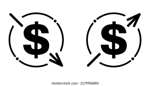 Set of cost symbol dollar increase and decrease icon. Money vector symbol isolated on background .