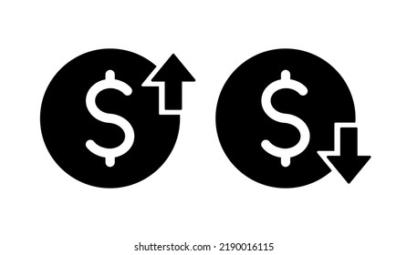 set of cost symbol dollar increase and decrease icon, money, dollar sign with arrow up and down rounded black vector icon