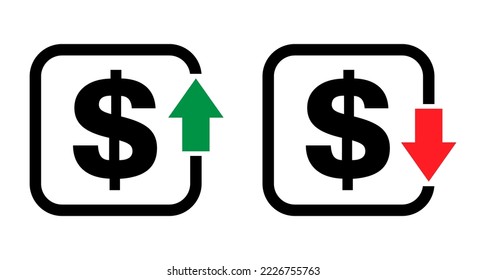 Set von Kostensymbol für die Erhöhung und Verminderung des Dollars Symbol. Geld-Vektorsymbol einzeln auf Hintergrund .