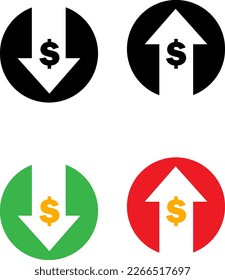 set of cost symbol dollar increase and decrease icon, money, dollar sign with arrow up and down rounded black vector icon