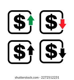 Set of cost symbol dollar increase and decrease icon. Money vector symbol isolated on background .