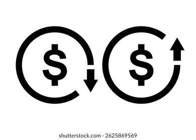Set von Kostensymbol Dollar erhöhen und verringern Symbol. Wachstum, erhöhen, verringern Pfeil gefüllt Symbole. Kostensymbol. Vektorgrafik