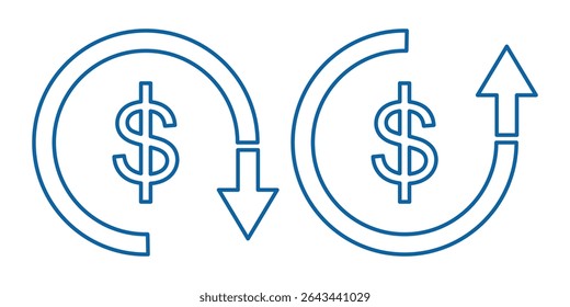 set of cost symbol dollar increase and decrease icon, money, dollar sign with arrow up and down rounded vector icon. Dollar price up down icon vector.