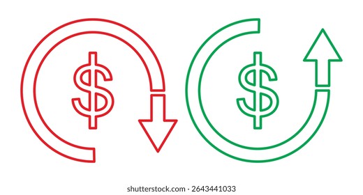 set of cost symbol dollar increase and decrease icon, money, dollar sign with arrow up and down rounded vector icon. Dollar price up down icon vector.