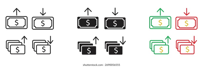 Conjunto de símbolos de costo Icono de aumento y disminución de dólares, dinero, signo de dólar con flecha hacia arriba y hacia abajo redondeado negro rojo verde negro iconos. Iconos de ganancias y pérdidas con flecha, Ilustración vectorial.