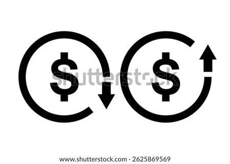 Set of cost symbol dollar increase and decrease icon. Growth, increase, decrease arrow filled icons. cost icon. Vector illustrator