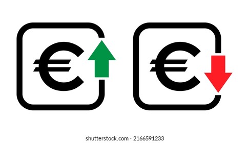 Set of cost symbol euro increase and decrease icon. Money vector symbol isolated on background .