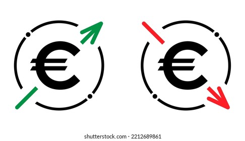 Set of cost symbol euro increase and decrease icon. Money vector symbol isolated on background .