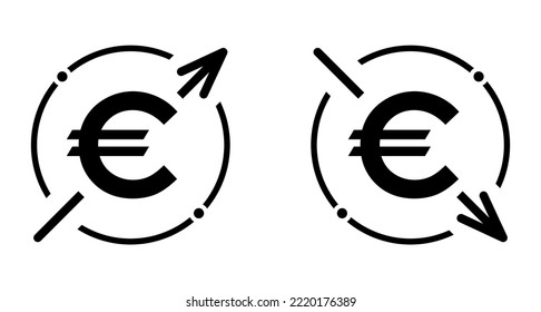 Set of cost symbol euro increase and decrease icon. Money vector symbol isolated on background .