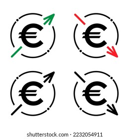 Set of cost symbol euro increase and decrease icon. Money vector symbol isolated on background .